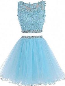 Aqua Blue Two Pieces Sweetheart Sleeveless Tulle Mini Length Zipper Beading and Lace and Appliques Prom Dresses