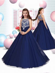 Lovely Navy Blue Clasp Handle Scoop Beading Pageant Gowns For Girls Organza Sleeveless