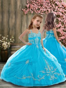 Admirable Beading and Pick Ups Little Girls Pageant Dress Baby Blue Lace Up Sleeveless Floor Length