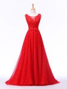 Elegant Tulle Sleeveless Evening Dresses Brush Train and Lace and Appliques and Belt