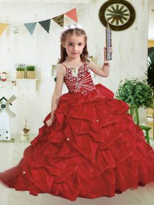 Brush Train Ball Gowns Pageant Gowns For Girls Wine Red Spaghetti Straps Organza Sleeveless Lace Up
