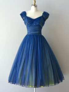 Enchanting Chiffon and Tulle V-neck Cap Sleeves Lace Up Ruching Bridesmaid Dress in Blue