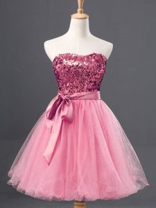 Sleeveless Mini Length Sequins Zipper Prom Dress with Rose Pink