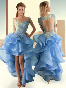 Baby Blue Prom Gown Prom and Party with Lace and Appliques and Ruffles V-neck Sleeveless Backless
