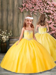 Strapless Sleeveless Lace Up Little Girls Pageant Gowns Gold Tulle