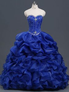 Royal Blue Organza Lace Up Vestidos de Quinceanera Sleeveless Floor Length Beading and Ruffles and Pick Ups