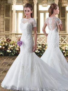 White Mermaid Bateau Short Sleeves Organza Sweep Train Clasp Handle Appliques and Embroidery Wedding Gown