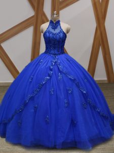 Royal Blue Tulle Lace Up Halter Top Sleeveless 15th Birthday Dress Brush Train Appliques