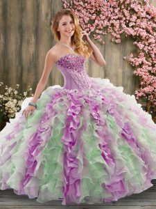 Beautiful Organza Sweetheart Sleeveless Brush Train Lace Up Beading and Ruffles 15 Quinceanera Dress in Multi-color