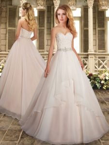 Affordable Sleeveless Beading and Ruffles Zipper Wedding Dress with White Brush Train