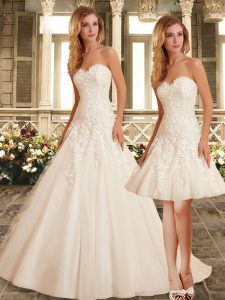 White Organza Clasp Handle Sweetheart Sleeveless Wedding Dress Brush Train Lace
