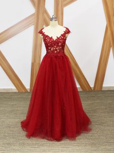 Exquisite V-neck Sleeveless Floor Length Lace and Appliques Red Tulle