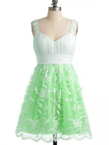 Popular Sleeveless Knee Length Lace Lace Up Quinceanera Court Dresses with Apple Green