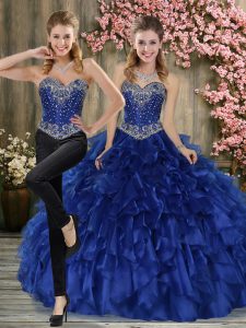 Sweetheart Sleeveless Sweet 16 Dresses Floor Length Beading and Ruffles Blue Organza