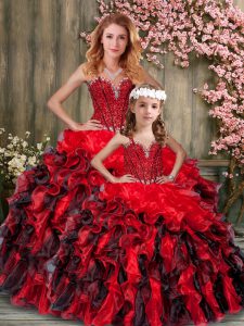 Customized Sweetheart Sleeveless 15th Birthday Dress Floor Length Beading and Ruffles Red And Black Organza