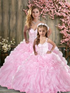 Sleeveless Organza Floor Length Lace Up Quinceanera Gown in Rose Pink with Beading and Ruffles