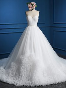 Great White A-line Tulle Sweetheart Sleeveless Beading Zipper Wedding Dresses Court Train