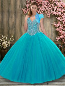 Floor Length Aqua Blue Ball Gown Prom Dress Tulle Sleeveless Beading