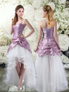 White And Purple Lace Up Wedding Gown Ruffles Sleeveless High Low