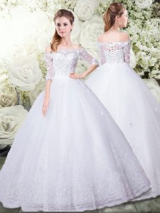 Floor Length White Wedding Dresses Scalloped Sleeveless Lace Up