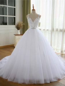 Beading and Lace and Appliques Wedding Gowns White Lace Up Sleeveless Court Train