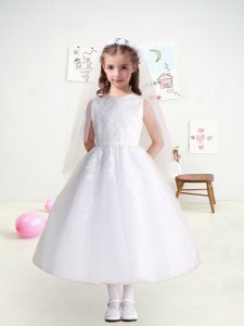 Low Price White Sleeveless Tea Length Lace Zipper Flower Girl Dress