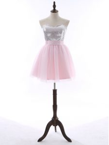 Baby Pink Tulle and Sequined Zipper Sweetheart Sleeveless Mini Length Party Dresses Sequins and Bowknot