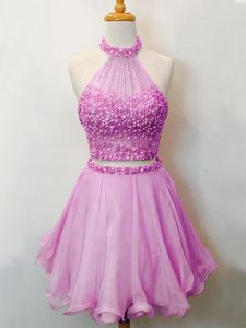 Classical Lilac Two Pieces Halter Top Sleeveless Organza Knee Length Lace Up Beading Wedding Party Dress