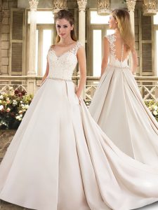 White Sleeveless Satin Court Train Clasp Handle Wedding Gowns for Wedding Party