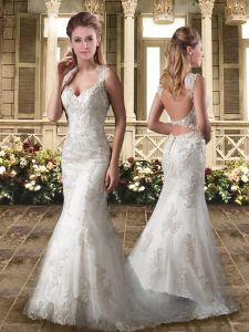 Exquisite Straps Sleeveless Wedding Dress Sweep Train Appliques White Organza