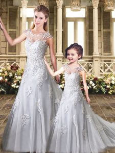 Discount White Ball Gown Prom Dress Tulle Sweep Train Cap Sleeves Beading and Appliques and Embroidery