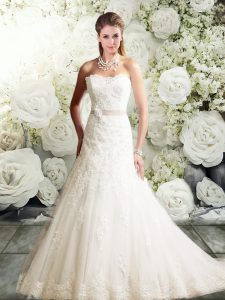 Shining Lace Wedding Gowns White Lace Up Sleeveless Brush Train