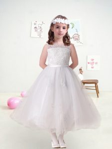 White Ball Gowns Bateau Sleeveless Organza Ankle Length Zipper Lace and Belt Toddler Flower Girl Dress