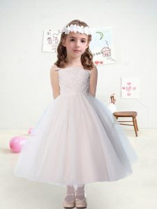 Sleeveless Ankle Length Lace Zipper Toddler Flower Girl Dress with White