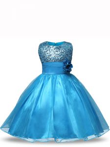 Organza Sleeveless Knee Length Little Girls Pageant Dress Wholesale and Sequins and Hand Made Flower