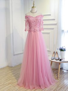 Stunning Off The Shoulder 3 4 Length Sleeve Lace Up Mother Dresses Pink Tulle