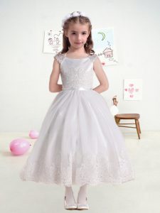 Cute Tulle Scoop Cap Sleeves Zipper Lace and Belt Toddler Flower Girl Dress in White
