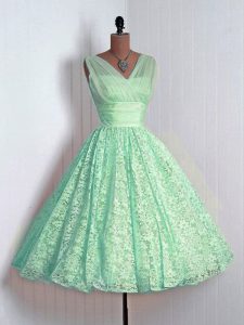 Sleeveless Mini Length Lace Lace Up Bridesmaid Gown with Apple Green