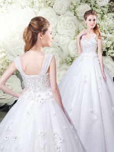 Lovely White Tulle Lace Up Straps Sleeveless Floor Length Wedding Gowns Appliques