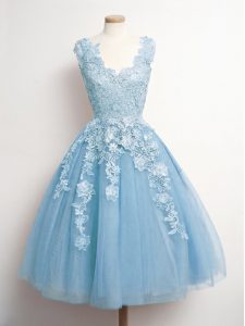 Light Blue Tulle Lace Up Damas Dress Sleeveless Knee Length Appliques