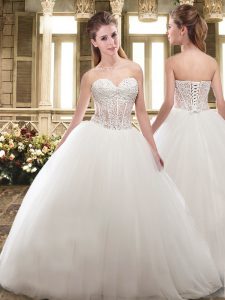 Appliques and Embroidery Wedding Gown White Lace Up Sleeveless Sweep Train