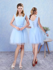 V-neck Sleeveless Tulle Wedding Guest Dresses Ruching Lace Up
