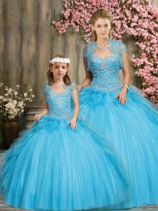 Aqua Blue Sweetheart Neckline Beading Quinceanera Gowns Sleeveless Lace Up