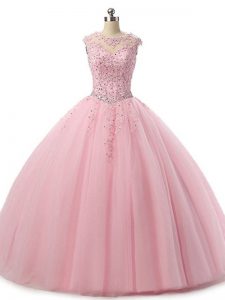 Baby Pink Ball Gowns Tulle Scoop Sleeveless Beading and Lace Floor Length Lace Up Quince Ball Gowns