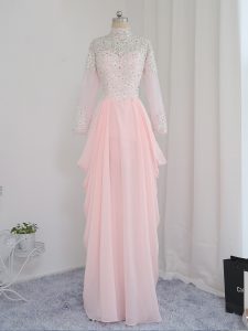 Fitting Baby Pink Empire Beading Prom Gown Zipper Chiffon and Silk Like Satin Sleeveless Floor Length
