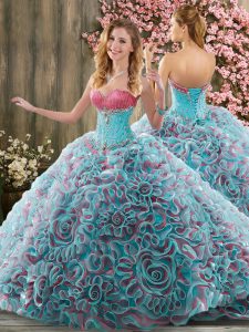 Fabulous Multi-color Lace Up Quince Ball Gowns Beading Sleeveless Brush Train
