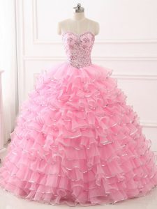Most Popular Sweep Train Ball Gowns 15 Quinceanera Dress Baby Pink Sweetheart Organza Sleeveless Lace Up