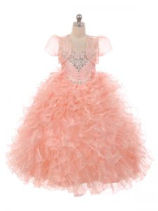 Peach Lace Up Straps Beading and Ruffles Girls Pageant Dresses Organza Sleeveless