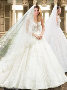 Sleeveless Court Train Appliques and Embroidery Lace Up Wedding Dresses