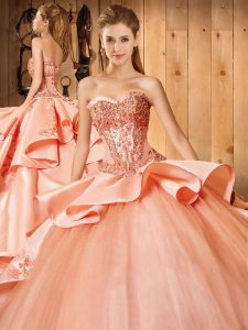 Custom Design Beading and Embroidery and Ruffles Quinceanera Dress Peach Lace Up Sleeveless Court Train